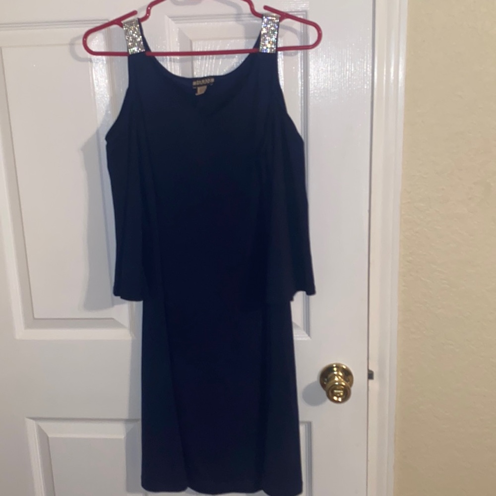Haani Navy Cold Shoulder Dress with Rhinestone Straps